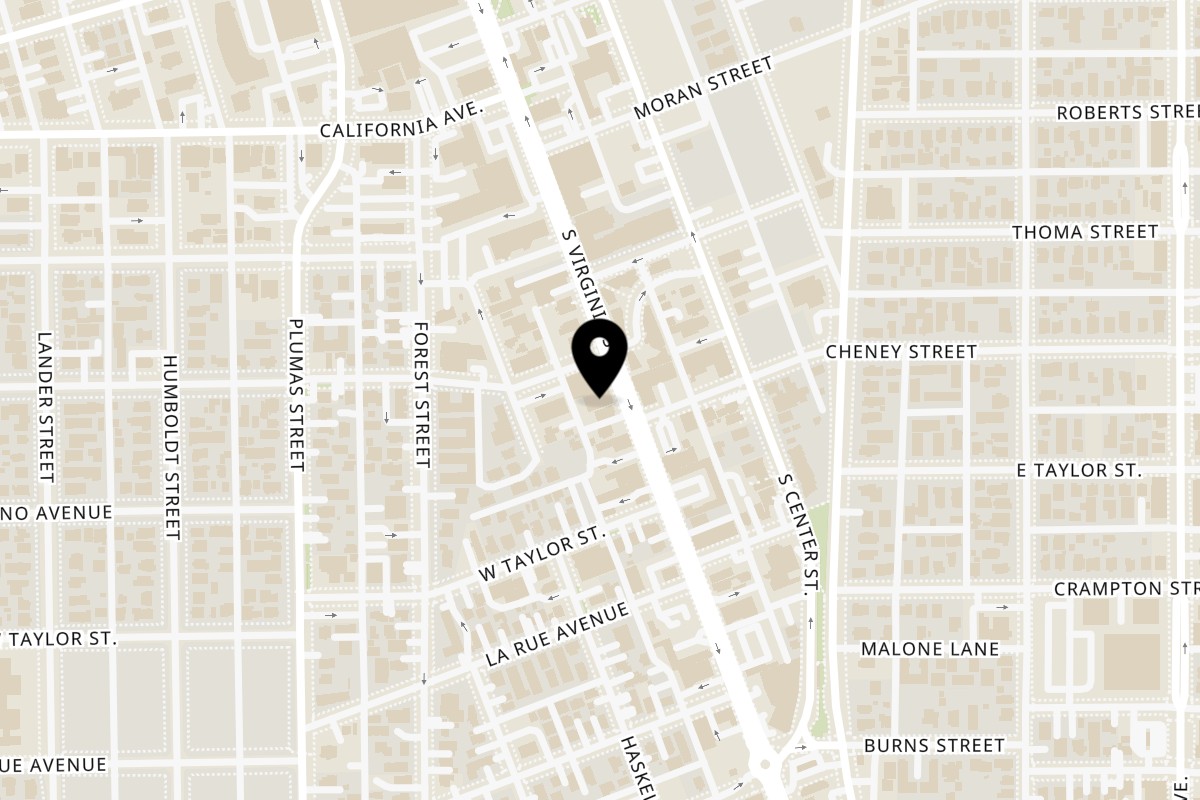Map showing the location of Homegrown Gastropub on 719 S Virginia St in Reno